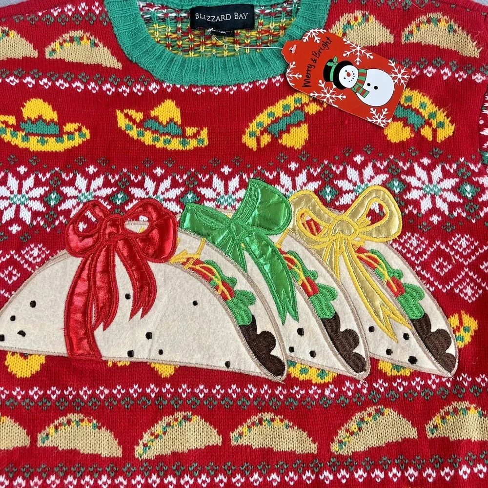NEW‎ Blizzard Bay Size M Ugly Christmas Sweater TACO Mexican Sombrero snowflake